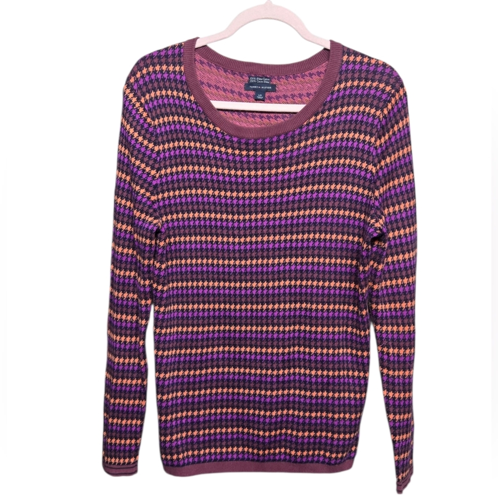 Tommy Hilfiger Houndstooth Print Pima Cotton Sweater Sz Large 20" PTP 27" L